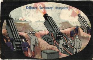 Kellemes Karácsonyi Ünnepeket! / WWI Austro-Hungarian K.u.K. military Christmas greeting card, soldiers with mortar (EK)
