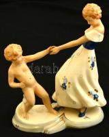 Royal Dux táncolók, kézzel festett, jelzett (Elly Strobach), kopott aranyozás, m:22 cm, h:18 cm/ Royal Dux porcelain figure