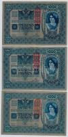1902. 1000K (3x) mindhárom piros Deutschösterreich felülbélyegzéssel + 1913. 20K (2x) mindkettő román felülbélyegzéssel T:III,III- szakadás