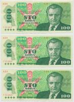 Csehszlovákia 1989. 100K (3x) sorszámkövetők T:III szép papír Czechoslovakia 1989. 100 Korun (3x) sequential serials C:F nice paper Krause 97