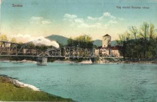 Zsolna, Sillein, Zilina; Vág folyó, Budatin vár, vasúti híd, gőzmozdony / Váh river, Budatín castle, railway bridge, locomotive (EK)