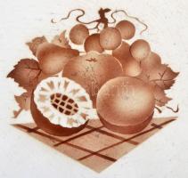 Virágmintás fajansz tál, fém kerettel, fogóval, máz alatti repedésekkel, d: 28 cm