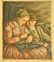 Glatz Oszkár(1872-1958)-Prihoda István (1891-1956): Betűvetés, színezett rézkarc, papír, jelzett, üvegezett fa keretben, 34,5×25,5 cm