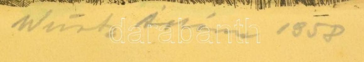 Würtz Ádám (1927-1994): Tisza part. Színezett rézkarc, papír, jelzett, üvegezett keretben, 16×37  cm