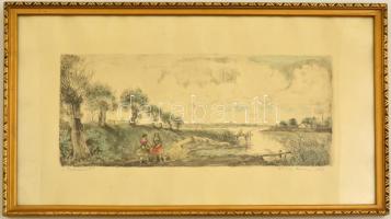 Würtz Ádám (1927-1994): Tisza part. Színezett rézkarc, papír, jelzett, üvegezett keretben, 16×37  cm