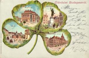 Budapest, Petőfi szobor, Deák tér, Opera, Iparművészeti múzeum. Lóherés litho lap