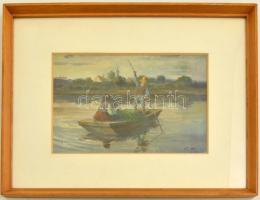 id. Kátai Mihály (1906-1983): Csónakázók, olaj, vászon, paszpartuban, üvegezett fa keretben, 19×29 c...