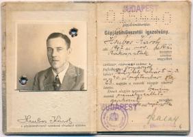 1940-1951 Fényképes gépjárművezetői igazolvány, mérnök részére, foltos vászonkötésben