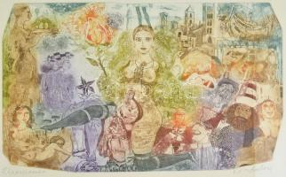 Kondor Lajos (1926-2006): Rinascimento, színezett rézkarc, papír, jelzett, üvegezett fa keretben, 31,5×46 cm