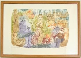 Kondor Lajos (1926-2006): Rinascimento, színezett rézkarc, papír, jelzett, üvegezett fa keretben, 31...