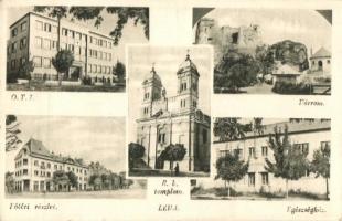 Léva, Levice; Egészségház, várrom, OTI, Fő tér, Római katolikus templom / sanatorium, main square, church, castle ruins