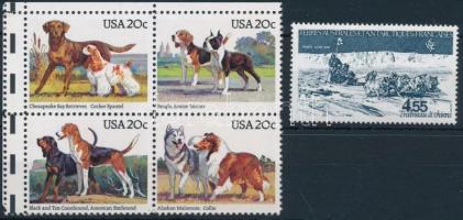 Dog 1983-1984 1 margin block of 4 + 1 stamp, Kutya motívum 1983-1984 1 ívsarki négyestömb + 1 önálló érték