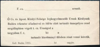 1865 Ferenc József király Budára érkezését előkészítő bizottmány ülésére szóló meghívó