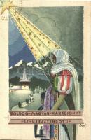 Boldog magyar karácsonyt és újesztendőt / Hungarian irredenta. Christmas and New Year greeting art postcard s: Bozó
