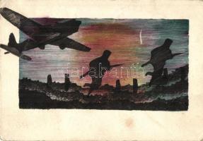 1944 Második világháborús saját kézzel festett katonai művészlap repülővel / WWII Hungarian military art postcard. hand-painted (EB)