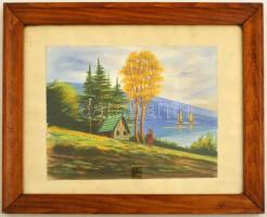 Olvashatatlan jelzéssel: Házikó a partnál. Gouache, papír, üvegezett keretben, 19×25 cm