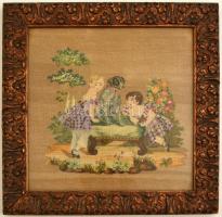 Antik fa képkeret kis hibával, benne gobelin képpel, belső méret:  30×29,5 cm, külső: 37×36,5 cm