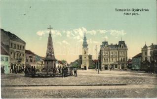 Temesvár, Timisoara; Gyárváros, Fő tér és park, emlékmű, Brück Salamon, Adler Ignácz, Csendes és Fischer üzlete / square, park, monument, shops