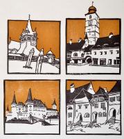 Kós Károly (1883-1977): Épületek. Színes linómetszet, papír, jelzett a linón, 11×11 cm (4×) egy lapon