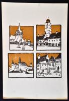 Kós Károly (1883-1977): Épületek. Színes linómetszet, papír, jelzett a linón, 11×11 cm (4×) egy lapo...