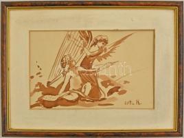 Lotz jelzéssel: Puttók, akvarell, paszpartuban, fa keretben, 14,5×22,5 cm