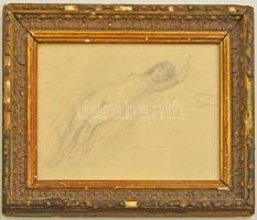 Lotz jelzéssel: Fekvő akt, ceruza, papír, üvegezett sérült fa keretben, 19×25 cm