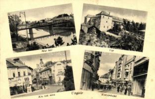 Ungvár, Uzhorod, Uzshorod; vár, régi híd, Kis híd utca, korzó / castle, old bridge, street, corso (fa)