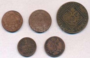 Ausztria 5db-os rézpénz tétel, vegyes tartásban, benne: 1760W 1kr, 1800A 1kr, 1807A 30kr, 1851A 1kr ...