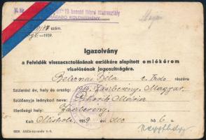 1939 Miskolc, a Szondy György 19. honvéd tábori tüzérosztály visszamaradó különítményének igazolása a Felvidék visszacsatolásának emlékére alapított emlékérem viseléséről