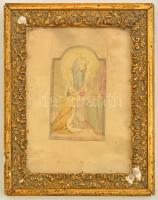 Jelzés nélkül: Szent István felajánlja az országot Szűz Máriának, akvarell, papír, üvegezett, sérült fa keretben, 11×6,5 cm