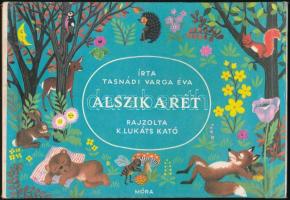 Tasnádi Varga Éva: Alszik a rét. K. Lukáts Kató. Bp.,1972, Móra. Harmadik kiadás. Kiadói kartonált haránt alakú leporelló-kötésben.