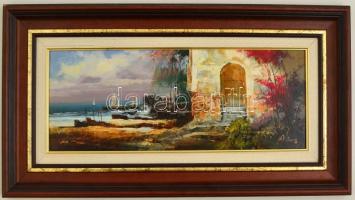 Adilov  Alim (1963-): Vitorlások a partnál. Olaj, farost, jelzett, keretben, 20×50 cm