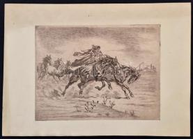 Jelzés nélkül: Vágtató csikós. Rézkarc, papír, 18×23 cm