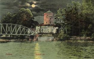 Zsolna, Sillein, Zilina; Vág folyó, Budatin vár, este / castle at night (EK)