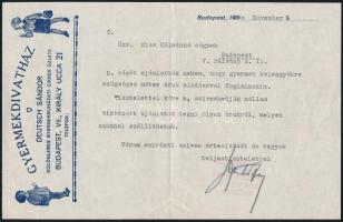 1940 Deutsch Sándor Gyermekdivatház díszes fejléces levél, 14,5x22,5 cm