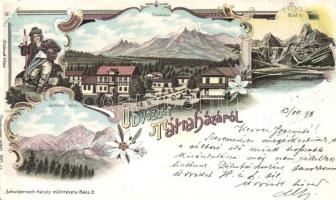 1898 Tátraháza, Mlynceky; Zöld-tó, Lomniczi csúcs. Schwidernoch Károly / lake, mountain peak. Floral, Art Nouveau, litho (r)