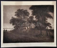 Paulovits Pál (1892-1975): Alkonyat a Tiszánál. Rézkarc, papír, jelzett, 24×32 cm