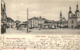 Marosvásárhely, Targu Mures; Fő tér, templom, takarékpénztár, Bergel Mór üzlete / main square, church, shops, savings bank