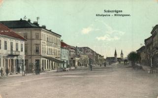 Szászrégen, Reghin; Közép utca, Városi szálloda, üzletek / Mittelgasse / street view, hotel, shops (Rb)