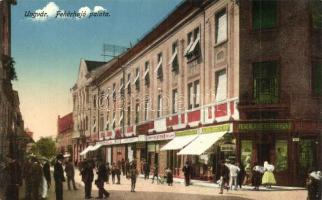 Ungvár, Uzhorod, Uzshorod; Fehérhajó palota, Feuerlicht testvérek és Halász Bertalan üzlete / palace, shops, street (EK)