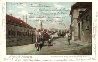 Medgyes, Mediasch, Medias; Forkesch utca, Evangélikus templom / Forkeschgasse / street view with church (EK)