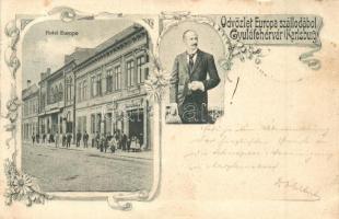 1898 Gyulafehérvár, Karlsburg, Alba Iulia; Európa Szálloda, Weinfeld Mór (?) igazgató, Theil János üzlete / hotel, director, shop. Art Nouveau, floral
