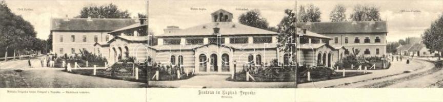 Topuszka, Kupkah Topusko; Civil pavilon, Blatne kupke / Schlambad, Officers Pavilon / mud bath, spa, officers' pavilion. 3-tiled panoramacard