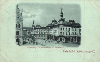 1899 Kolozsvár, Cluj; Wesselényi Miklós utca, vashíd, gyógyszertár, Phönix biztosító / street, bridge, pharmacy, insurance company, shops