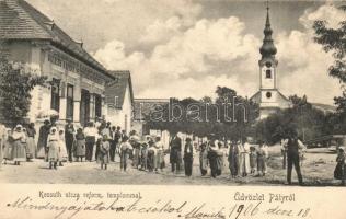 Páty, Kossuth utca, református templom, Klein Lipót vegyeskereskedése (Rb)