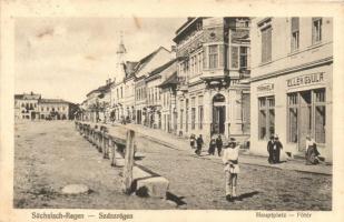 Szászrégen, Reghin; Fő tér, Fränkel A. és Elek Gyula üzlete / main square with shops
