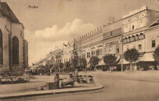 Eperjes, Presov; utcakép, piac, cipő raktár és áruház / street view, market, shops (Rb)