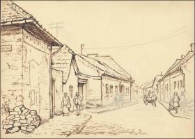 Sostarics Lajos (1896-1968): Óbudai utca, tus, papír, jelzés nélkül, 21,5×30 cm