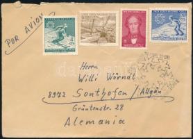 Skiing World Cup stamps on airmail cover to Germany, Sí világbajnokság bélyegek és alkalmi bélyegzés légi levélen Németországba