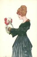 Italian art postcard, lady with dog. Proprieta artistica riservata No. 102. artist signed